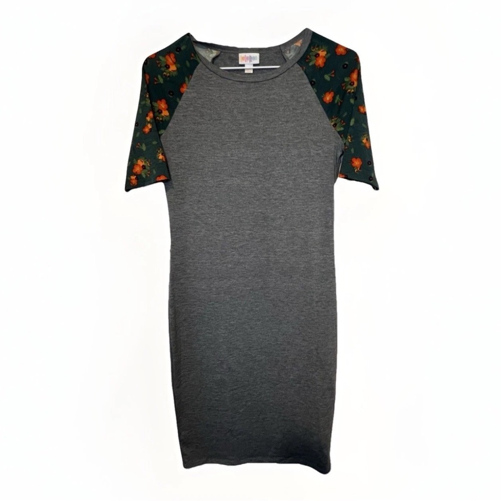 LulaRoe XXS Julia Gray Body-con Dress With Green And Orange Floral Sleeves‎
